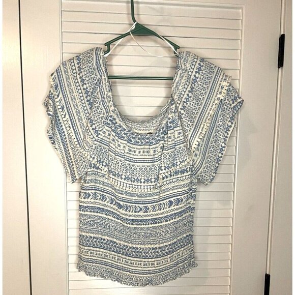 Cato Stretch Off the Shoulder Blue and White Womens Top with Circle Fringe Sz L - Picture 3 of 7